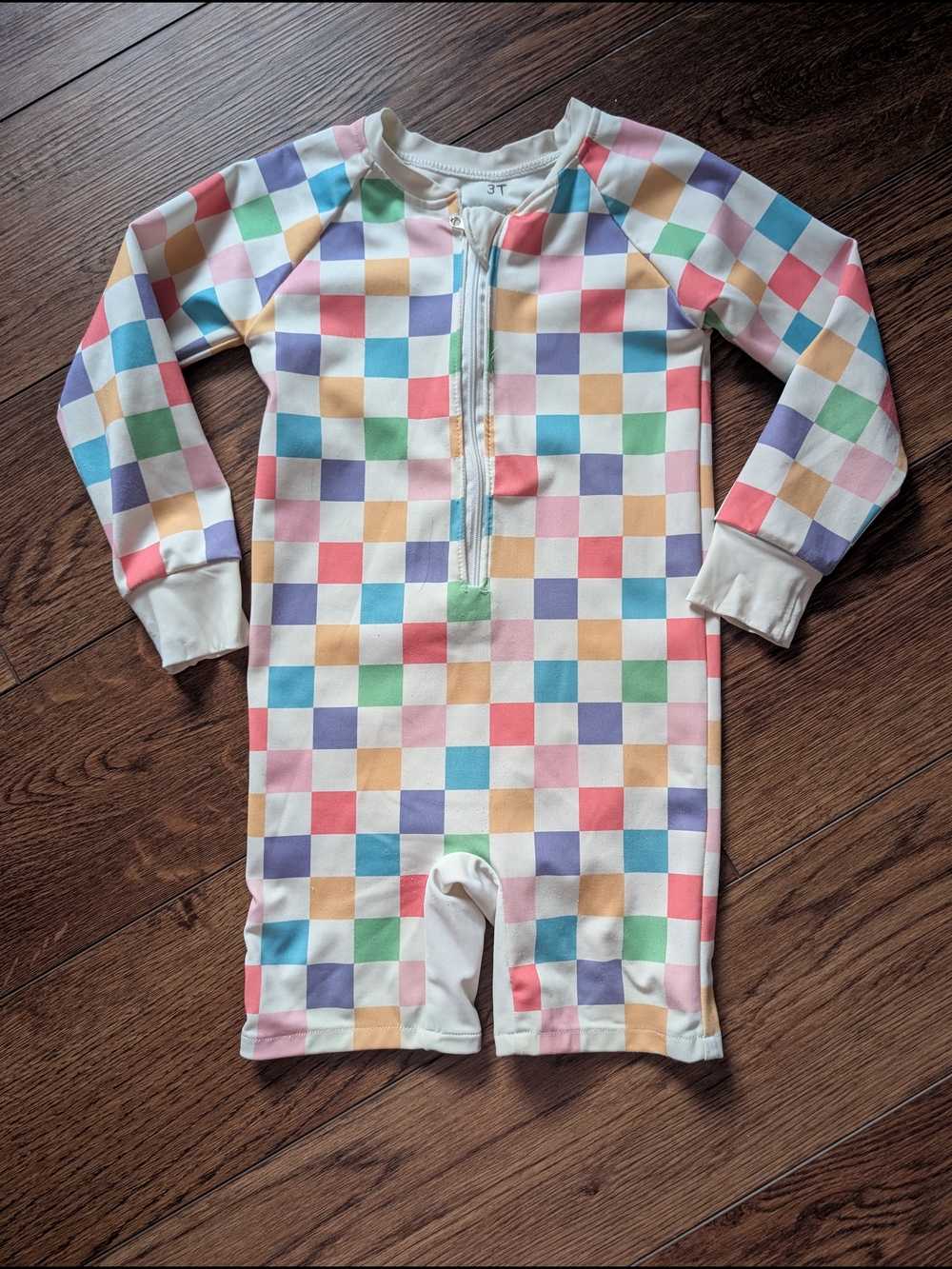 $ 💥3/$24 Kids Multi-Color Check Long-Sleeve Swim Rashguard One-Piece - Picture 2 of 7